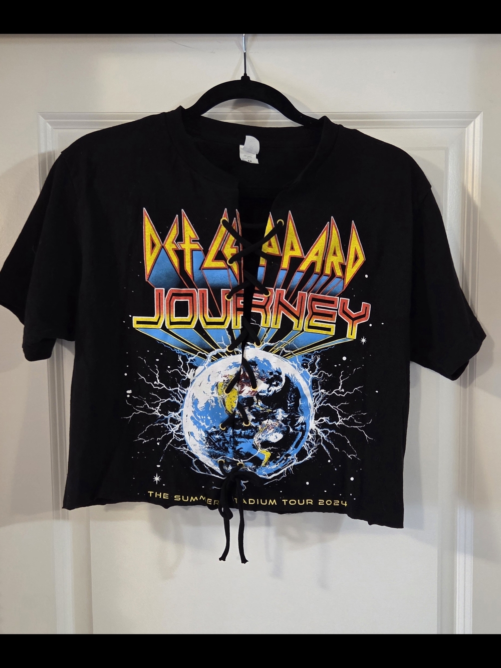 Upcycled Def Leppard & Journey Black Lace-Up Graphic Top